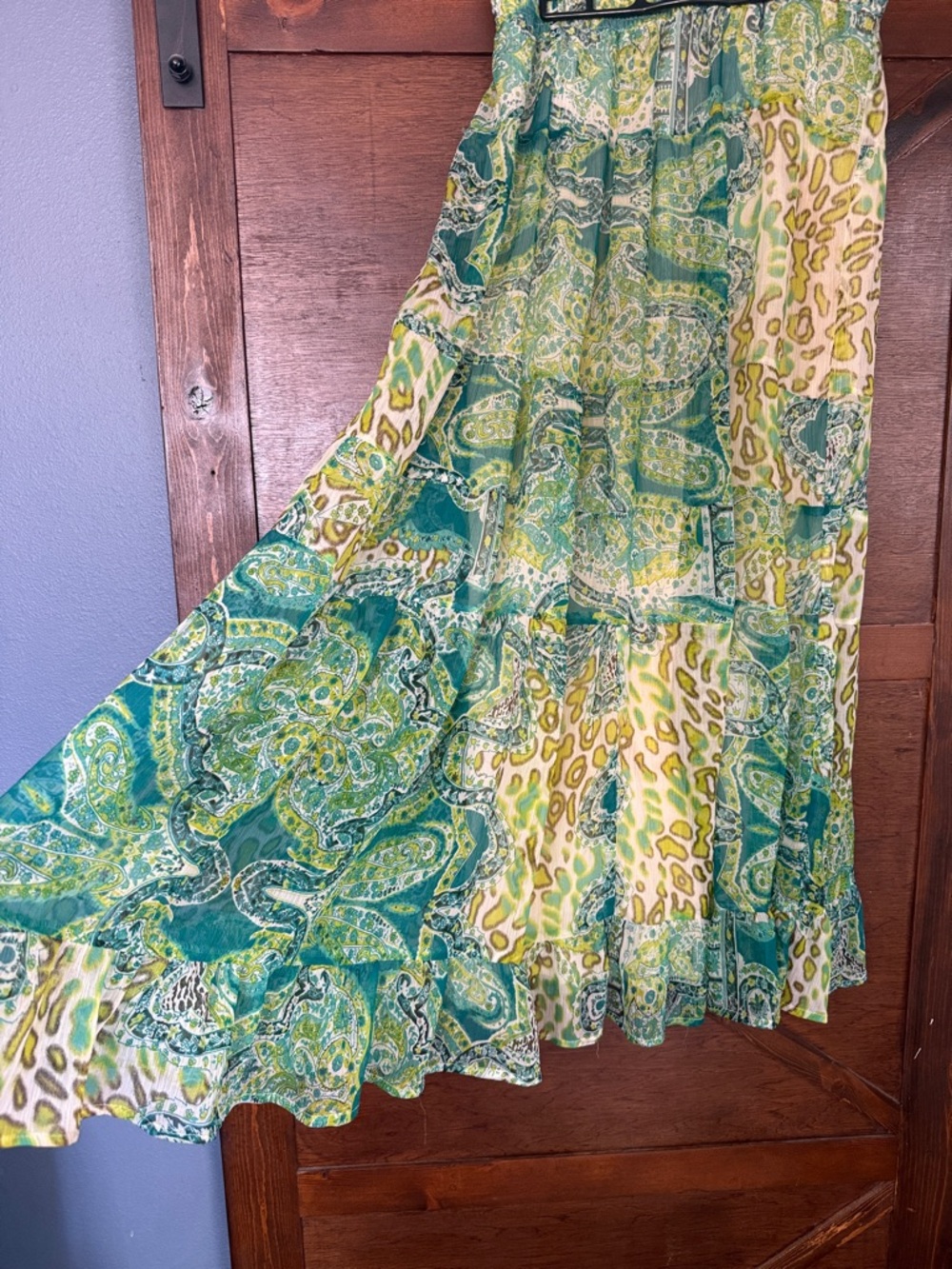 XOXO Green Paisley & Cream Tiered Maxi Skirt